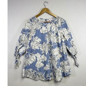 Ingrid & Isabel Maternity Blue Floral Stripe Tie Sleeve Tunic Top Size Small